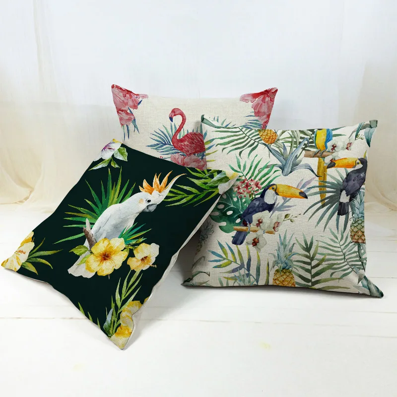 Тропические растения накидки на подушки цветы Тукан попугай Розовый фламинго