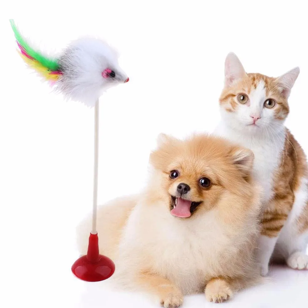 Горячая 1 шт. Смешные Pet Cat игрушки перо накладные Мышь снизу присоски кошка котенок играет игрушки Pet сиденья царапинам игрушки 20 см
