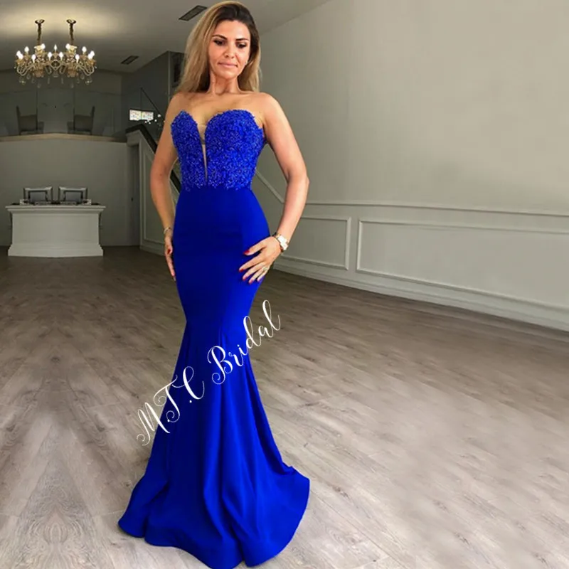 Royal Blue Vestido de festa платье с юбкой годе Королевского синего цвета вечернее платье бисерные аппликации эластичное атласное длинное платье для выпускного под заказ - Цвет: Royal Blue