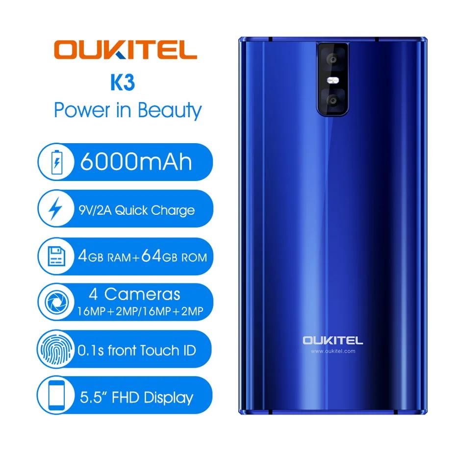 Oukitel K3 16MP + 2MP 4 камеры мобильного телефона MT6750T Octa Core GB 64 сотовые телефоны 5 дюйма 6000