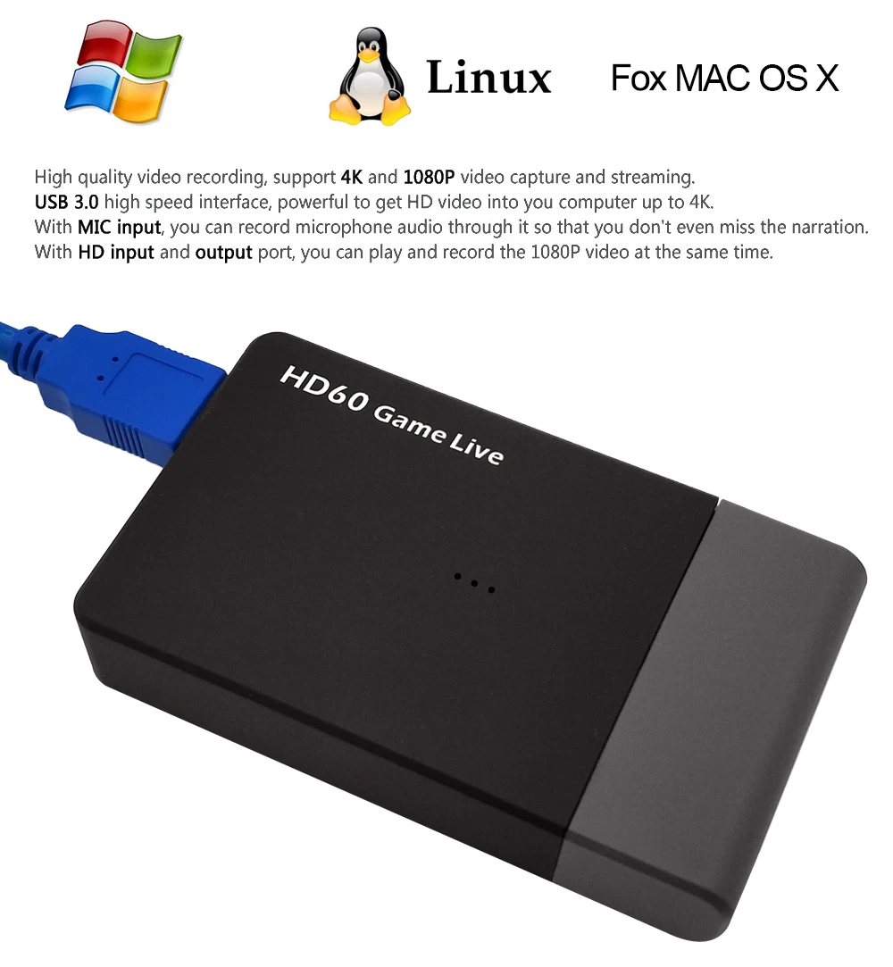 EarRise ezcap261M USB 3,0 HD видео игра захват 4K 1080P игра живое потоковое видео конвертер Поддержка 4K видео для xbox One PS3 4