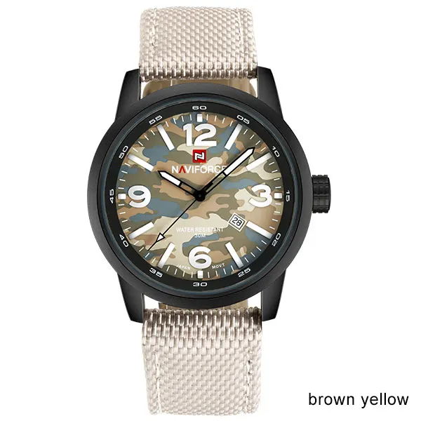 Brown Yellow NAVIFORCE Брендовые мужские военные спортивные часы, мужские армейские камуфляжные кварцевые часы, нейлоновые водонепроницаемые часы с календарем, мужские часы - Цвет: Brown Yellow