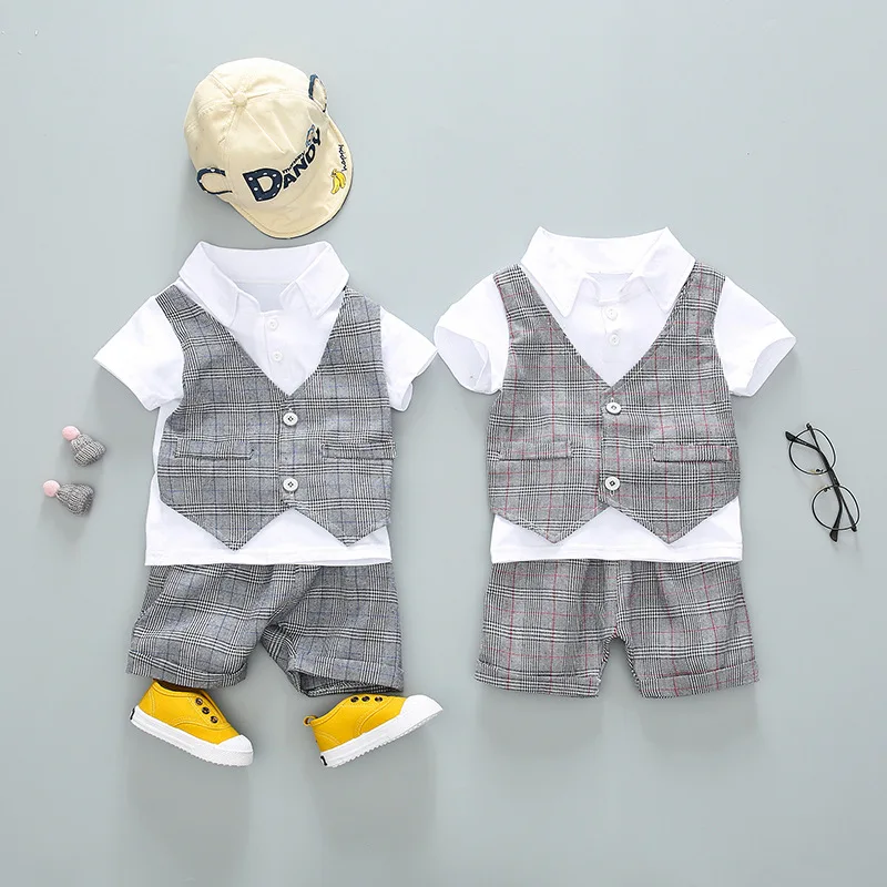 

New Born Baby Clothes Boy Summer Short Sleeved Cotton Gentleman Clothing Infant Baby Coat + Shorts Suit 2pcs Baby Boys Outfit