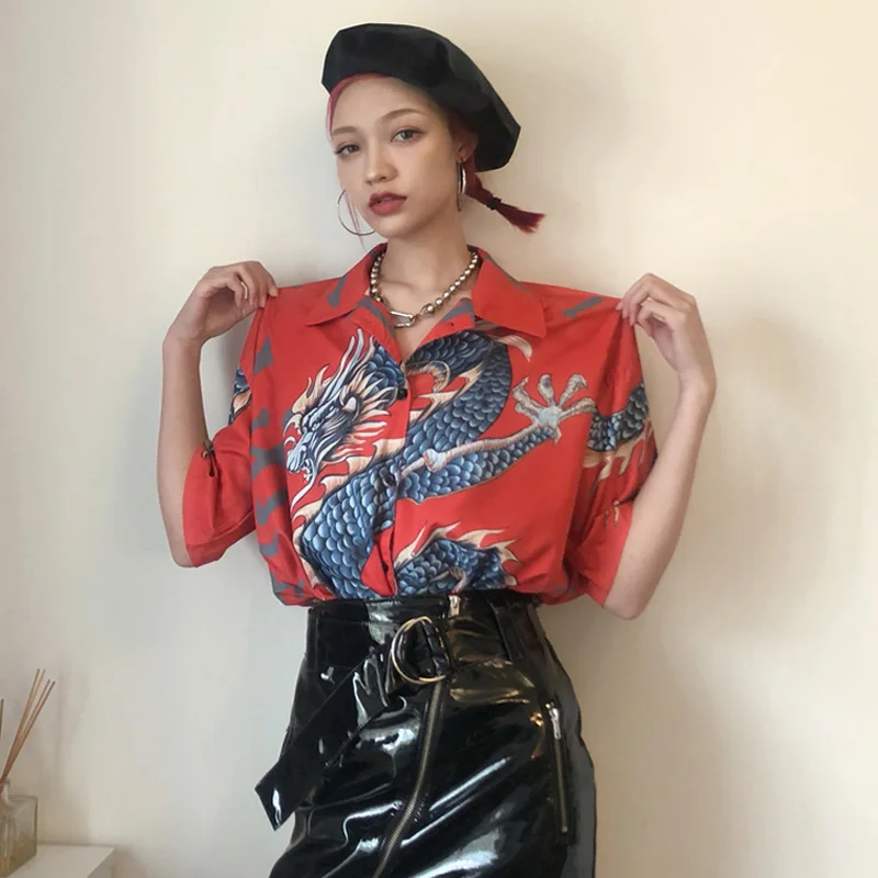 Рубашка женская с коротким рукавом и принтом в виде Драконов | Женская одежда