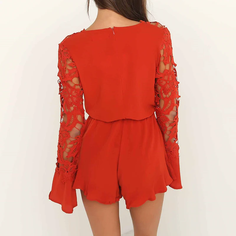 2018 красный кружевной комбинезон Для женщин Глубокий V с длинным рукавом