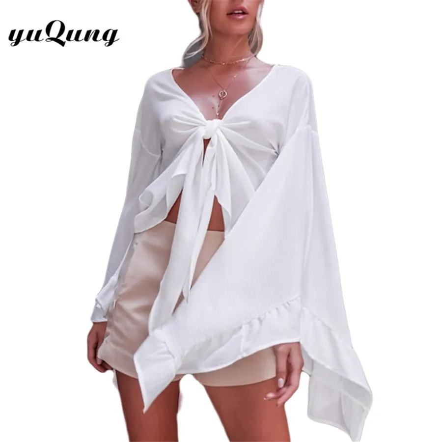 Yuqung пикантные женские рукав фонарик блузка Осень V шеи Lace-Up шифон укороченные