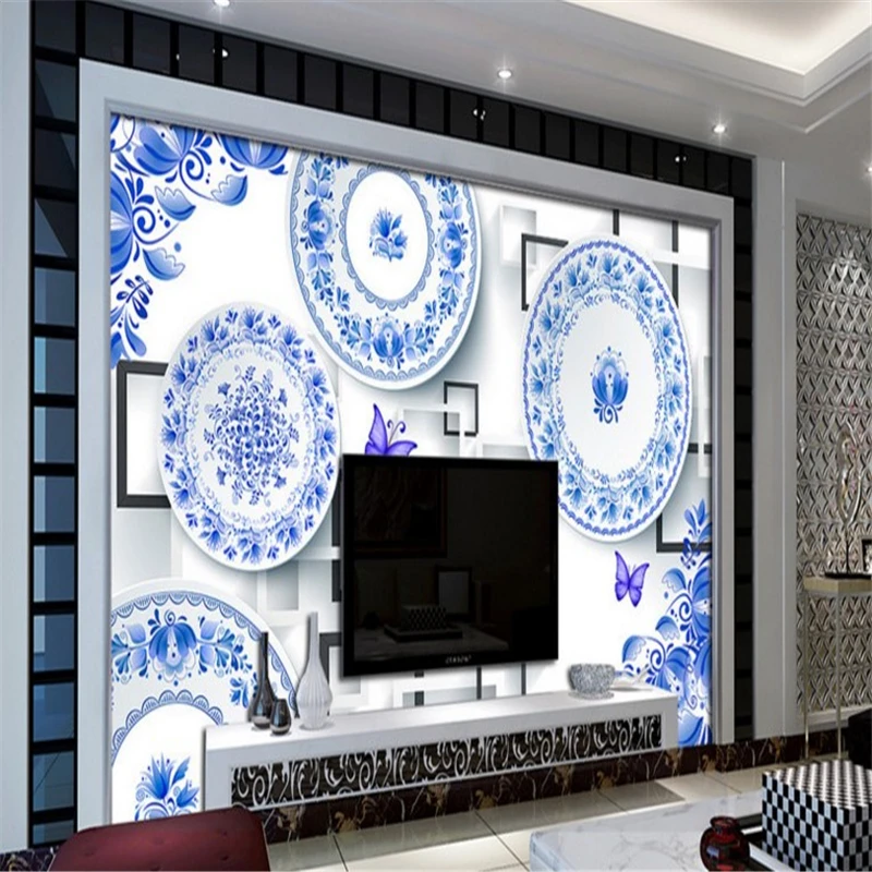 

beibehang wallpaper Modern Chinese city Butterfly blue and white porcelain three - dimensional living room background wall