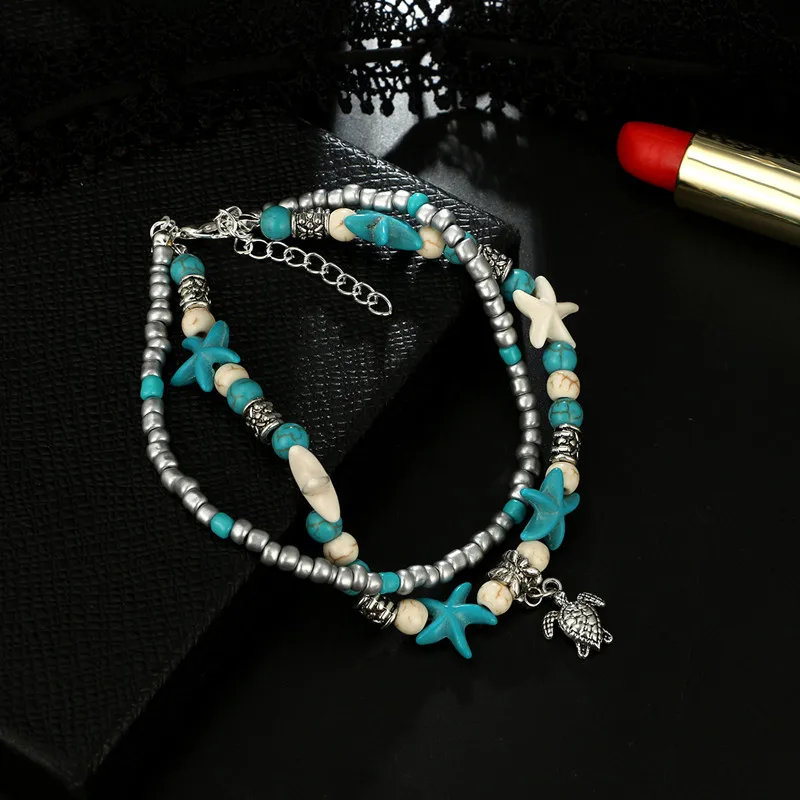 Богемная черепаха пляж зеленый стон Кулон ножной браслет двойной Раковины