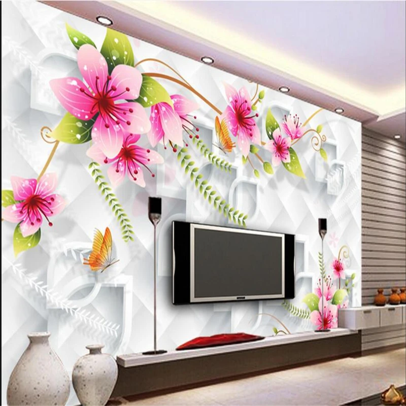 

beibehang Large custom wallpaper Peach Blossom Red Plum Butterfly Circle TV Living Room Bedroom House Decoration