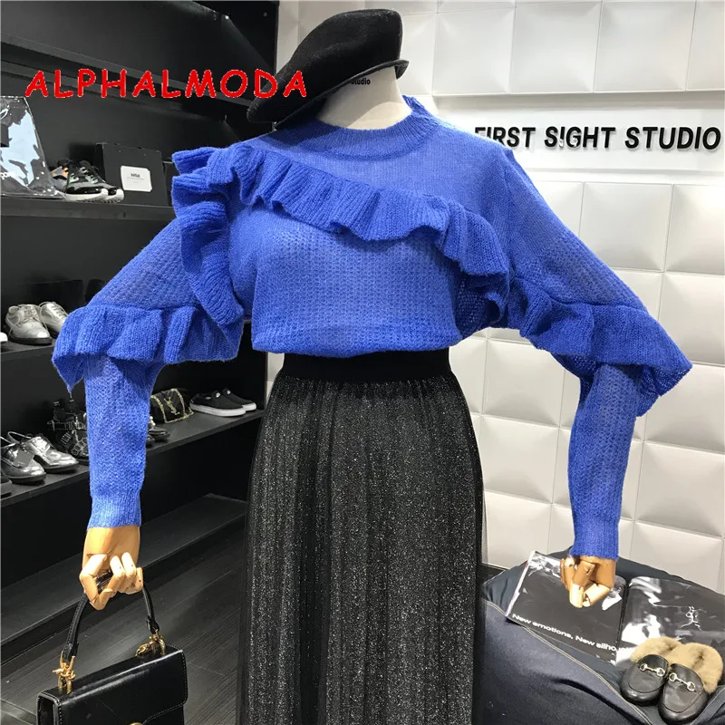 ALPHALMODA 2018 осень Милая отделка из оборок тонкий свитер с длинными рукавами