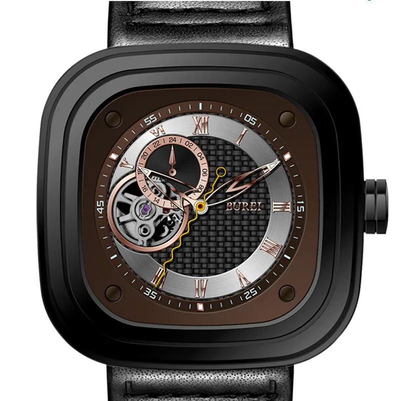 BBlackBrown BUREI Мужские механические часы с квадратным циферблатом Водонепроницаемые кожаные военные сапфировые Автоматические наручные часы Saat Relogio Masculino - Цвет: BBlackBrown