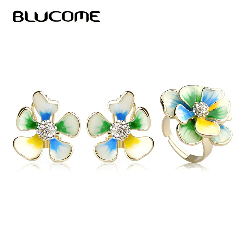 Женский ювелирный комплект из кольца и серёг Blucome золотистый сережек-гвоздиков с