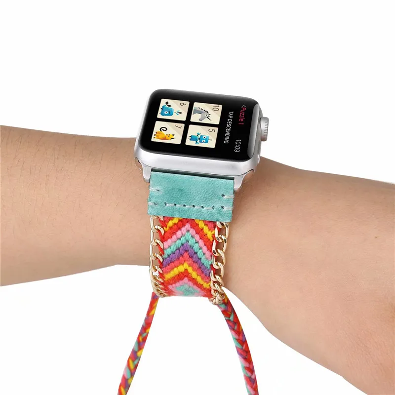 Ремешок в богемном стиле для Apple Watch Band 4 40 мм 44 цветной вязаный шерстяной кожаный