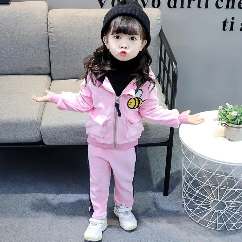Baby Boys Girls Warm Set Winter Cartoon cat Kids Thickening Hooded Vest+Sweater+Pant Three-piece Sport Suits Children Clothing