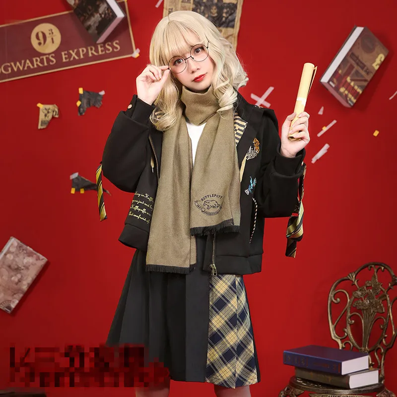 Hufflepuff, костюмы для косплея колледжа, шарф, Тренч, куртки, пальто, юбка для женщин, девочек, мальчиков, вечерние, для школы, Волшебная Одежда