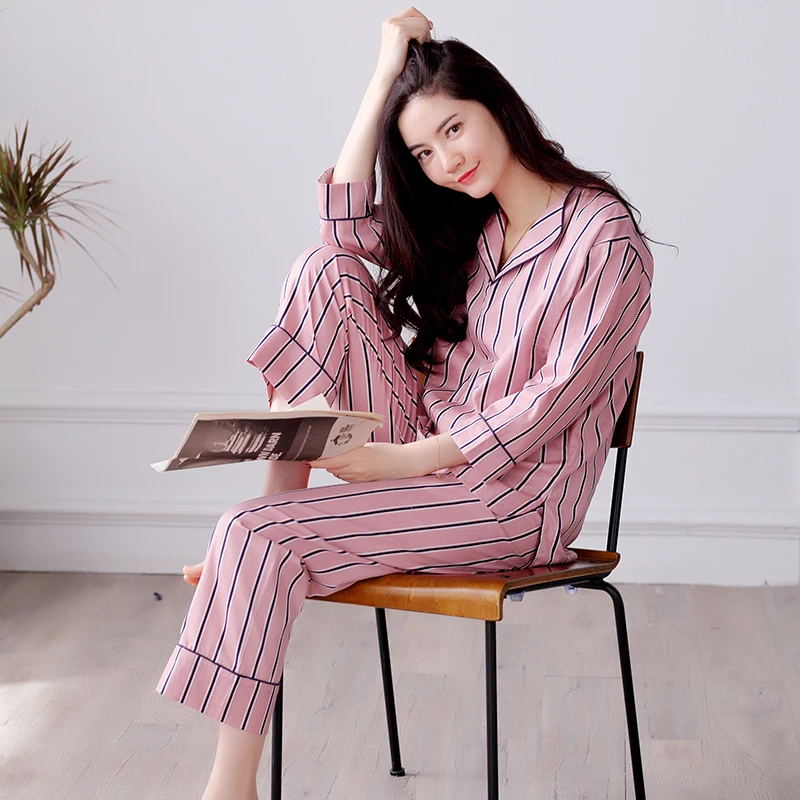Осень и зима 100% хлопок с длинными рукавами Повседневное модные пижамы в полоску