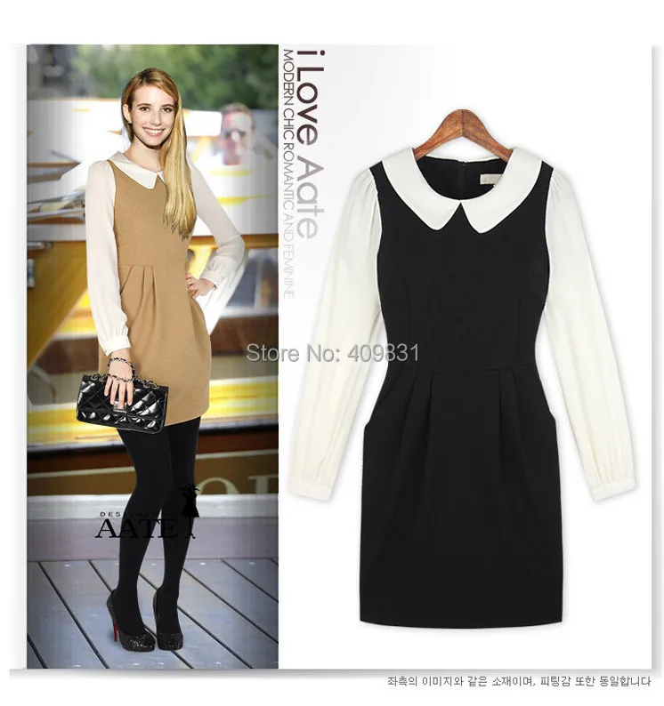 High quality!!! 2014 New Autumn Winter Warm OL Render Dress Black Contrast color Peter pan Collar Long Sleeve Women's Bud | Женская
