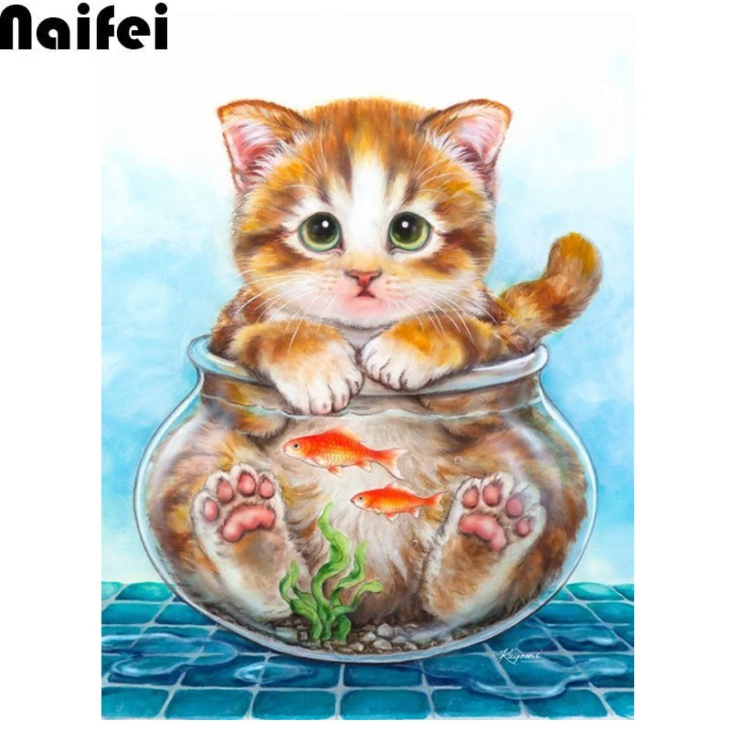 5D DIY алмазная живопись принт Кот рыбка полный круговой квадратный алмаз Алмазная