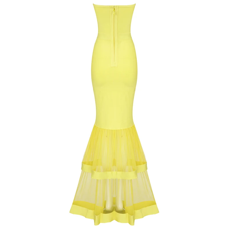2018 Новый высокая мода длинные желтые mesh платье повязки партии sexy бретелек