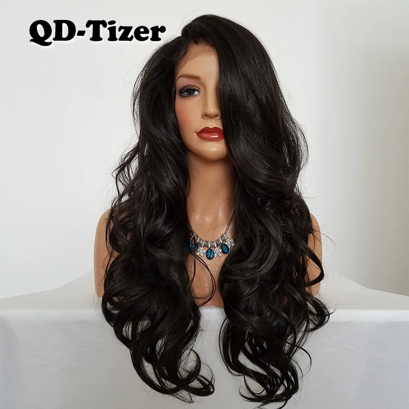 QD-Tizer, длинный волнистый синтетический кружевной парик, бесклеевой коричневый цвет, часть, жаростойкий синтетический кружевной передний парик для женщин