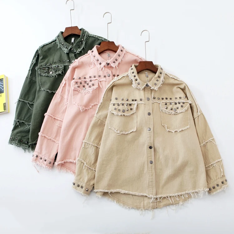 Chaquetas mujer Заклепки джинсовая куртка Свободная джинсовая куртка женская с длинным рукавом бомбардировщик куртка осень женская джинсовая пальто veste femme