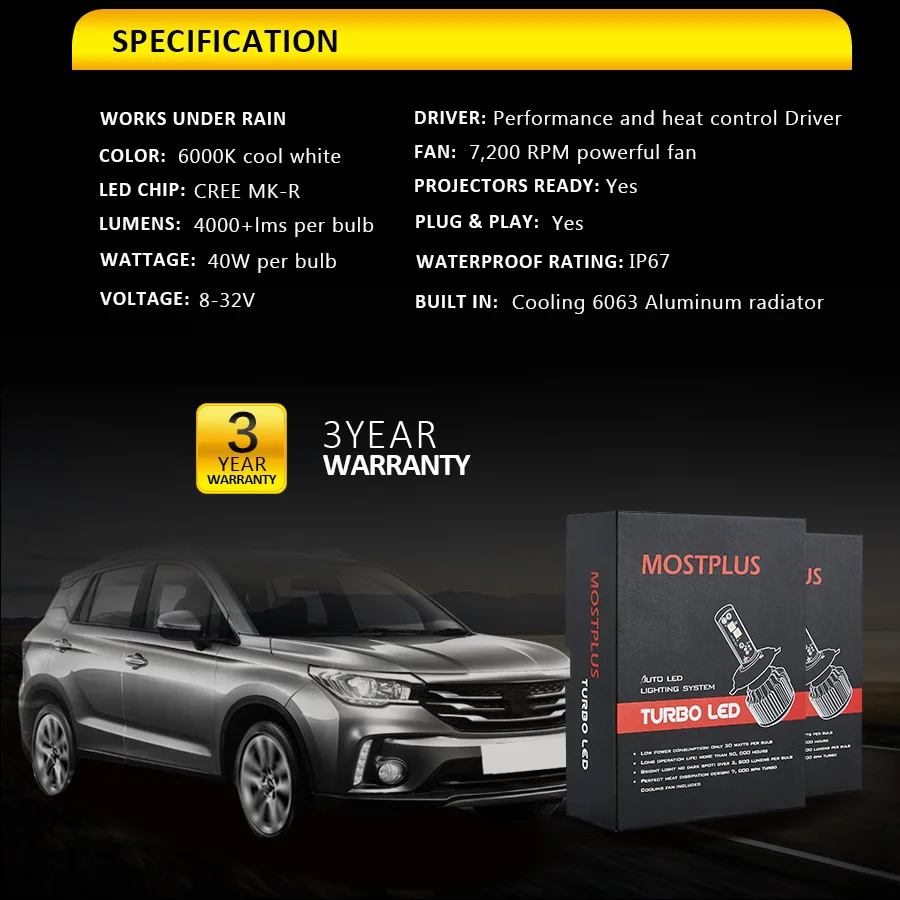 Комплект светодиодных фар MOSTPLUS 7600LM 60W H1 H3 H7 H8 H9 H10 H11 9005 9006 + 8000LM 80W H4 9007 H13 9004 Hi/lo beaK |