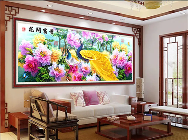 Алмазная вышивка сделай сам Круглый Алмаз Золотой Павлин пион пейзаж