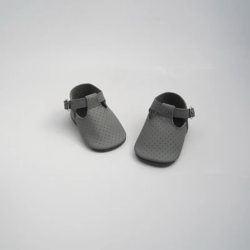 Серый отверстия Geninue кожа t-бар детские мокасины | Первая обувь