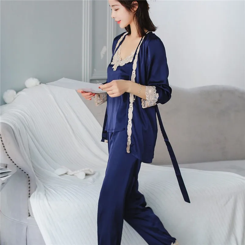 Осенняя кружевная атласная пижама комплект из 3 предметов зимняя женская одежда