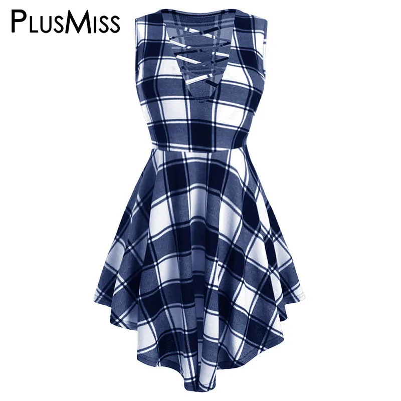 Синий PlusMiss размера плюс XXXXL XXXL XXL в клетку с принтом на шнуровке Асимметричный топ на бретелях без рукавов, женская одежда больших Размеры жилеты - Цвет: Синий