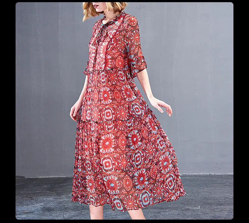 Novmoop European floral printed large size half-sleeve natural silk women dress for office outdoor robe en soie natural LT2778