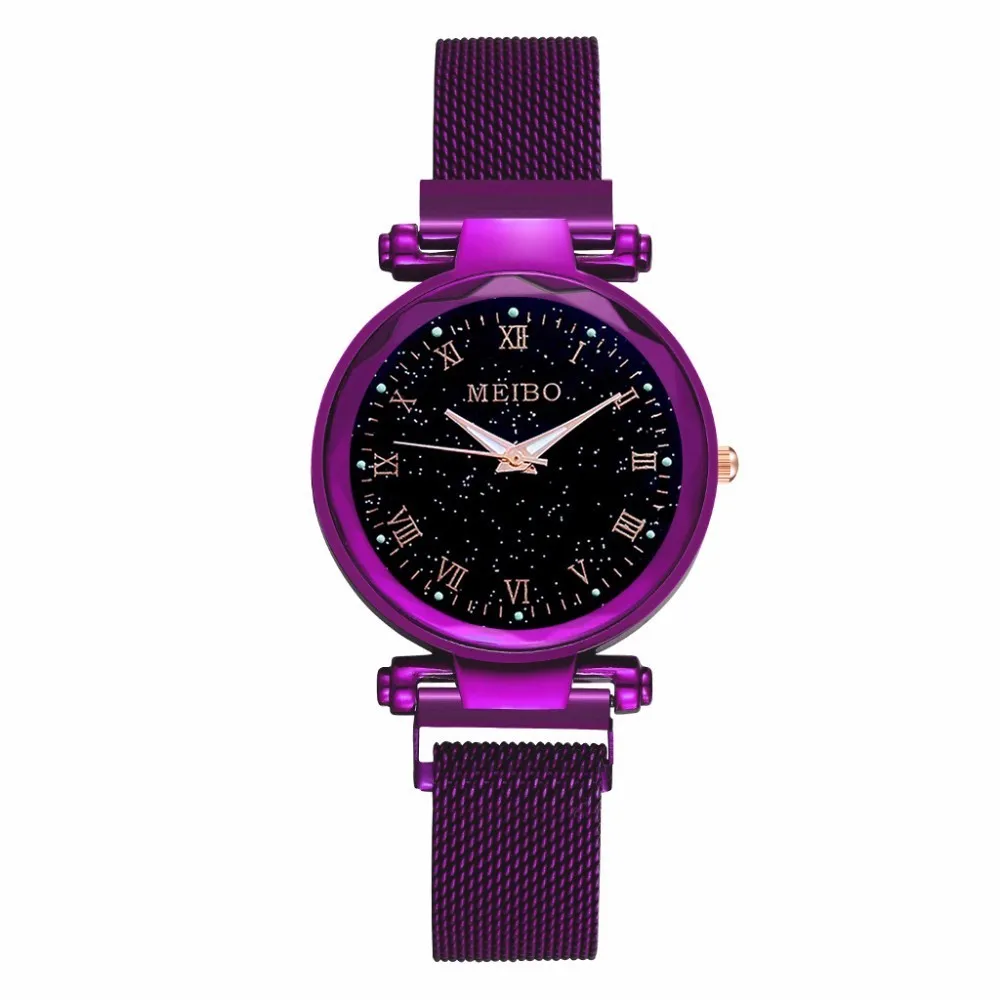 purple Женские сетчатые часы с магнитной пряжкой, звездное небо, светящиеся часы, роскошные женские часы MEIBO, римские цифры, кварцевые часы, Relogio Feminino - Цвет: purple