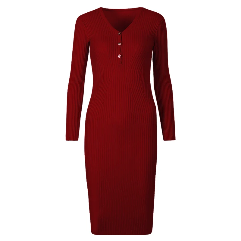 Wine Red Wixra женское облегающее трикотажное платье с длинным рукавом и пуговицами, обтягивающее женское платье до колена с v-образным вырезом - Цвет: Wine Red
