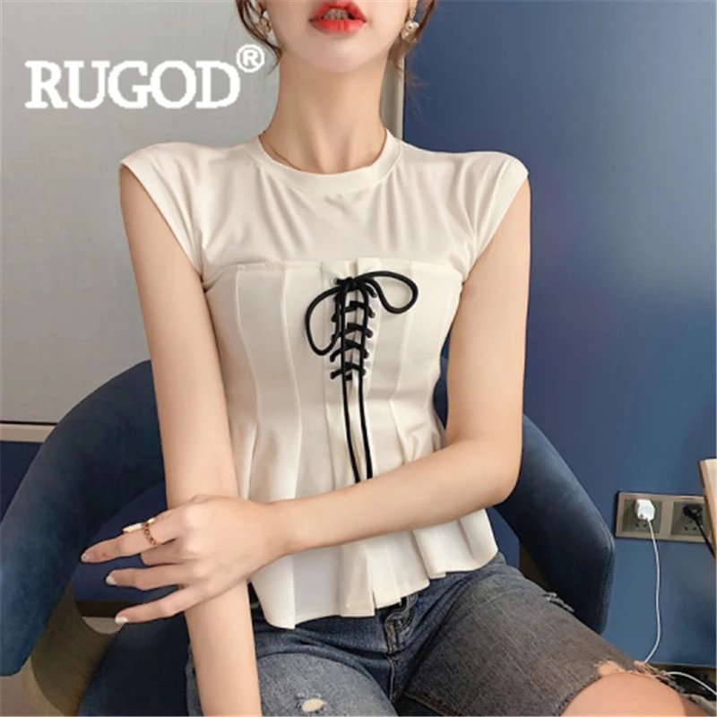 RUGOD Женская Однотонная футболка с круглым вырезом короткий рукав плиссированная
