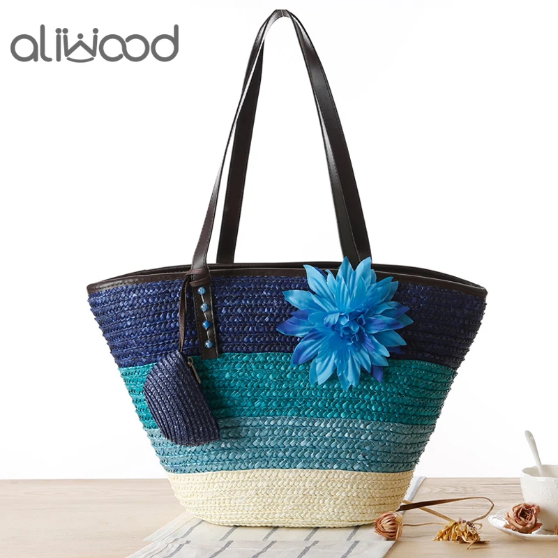 

aliwood Trendy Flower Bohemian Wicker Women Beach bags Straw Bags lady Shoulder Bag Handbag Rattan Knitting Tote Bolsas Feminina