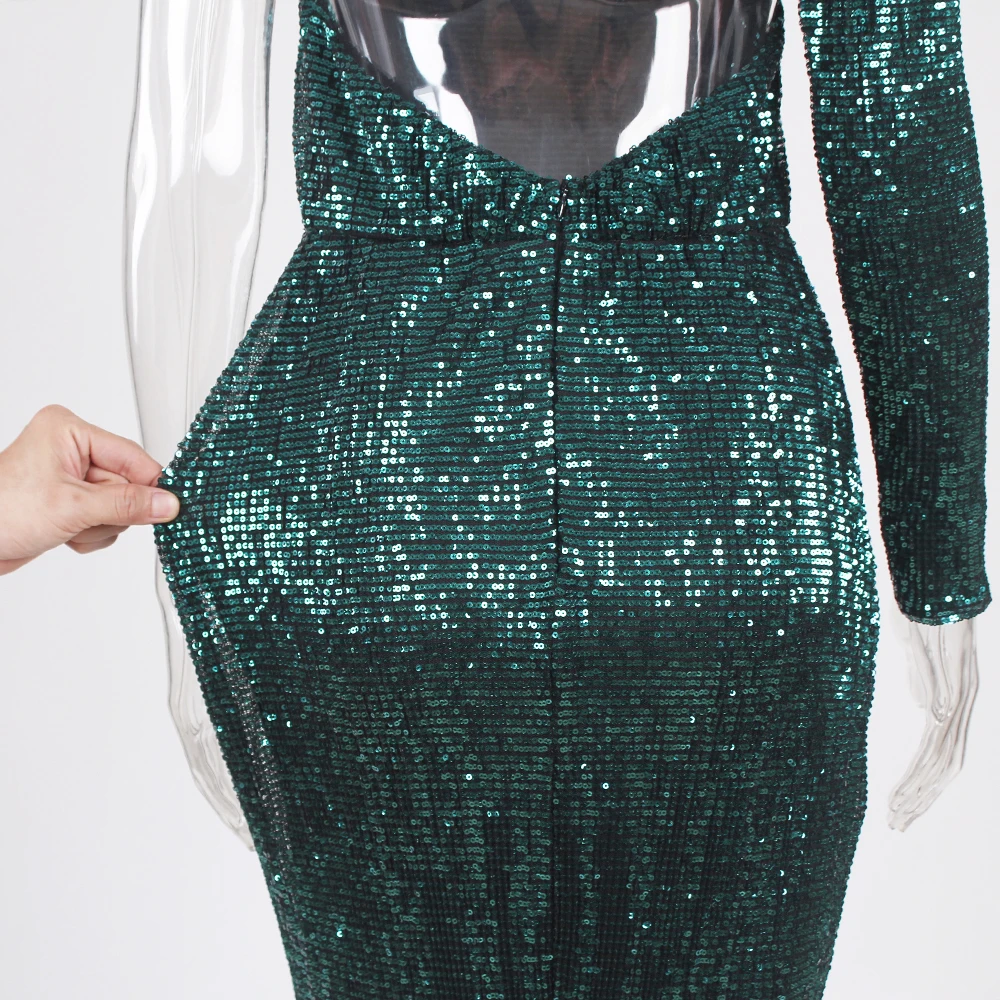 

One Shoulder Backless Hollow Out Evening Gown Green One Sleeve Stretchy Long Prom Dress Maxi Dress