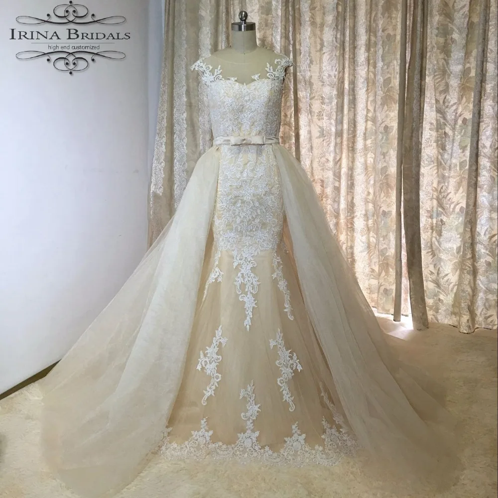 Реальные фотографии свадебное платье Русалочки с рукавами-крылышками и