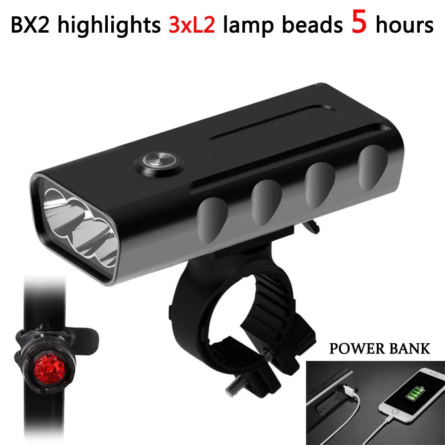 BX3-3XL2-L-5H Передний велосипедный головной светильник светодиодный велосипедный светильник USB Перезаряжаемый Аккумулятор велосипедный светильник+ крепление на руль+ USB линия+ внешний аккумулятор farol Bike - Цвет: BX3-3XL2-L-5H