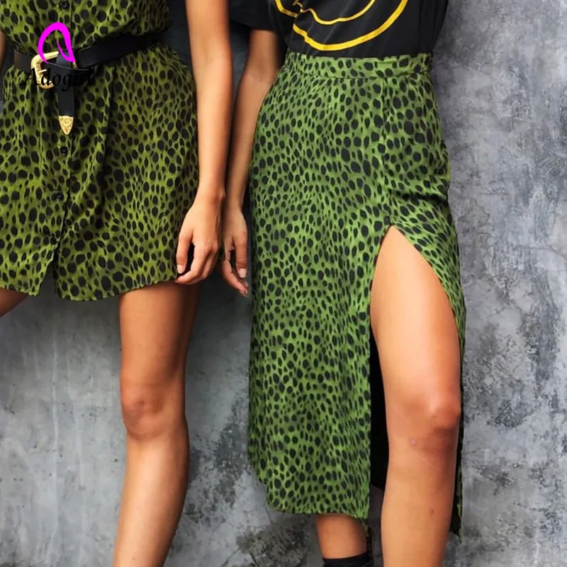Женская Асимметричная юбка с леопардовым принтом зеленая винтажная длинная миди
