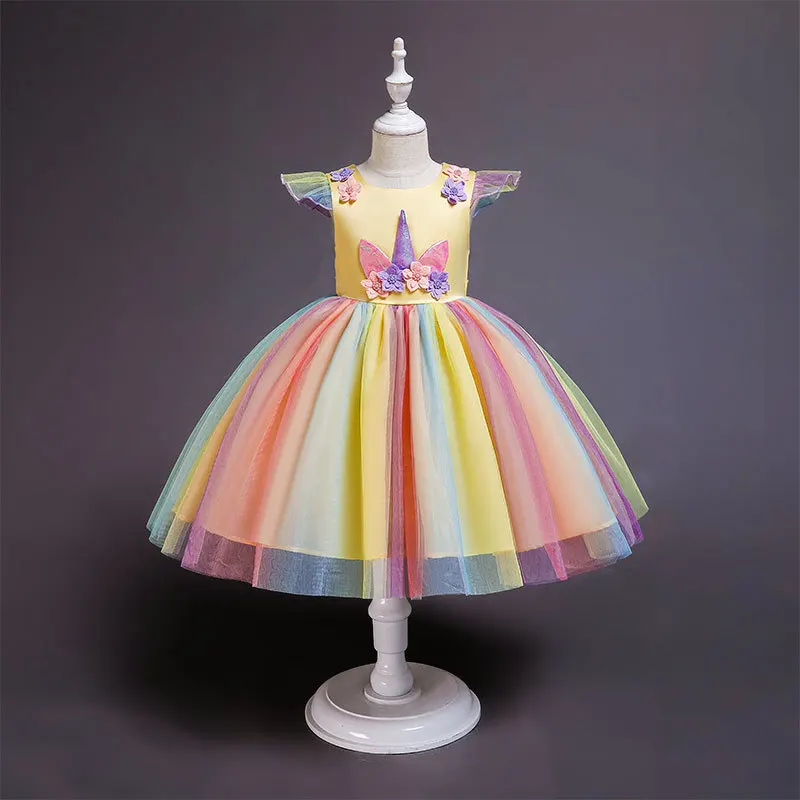 2019 Girls Unicorn Dress Children Cotton Flower Kids Tutu Wedding Princess Rainbow Outfits Costume | Детская одежда и обувь