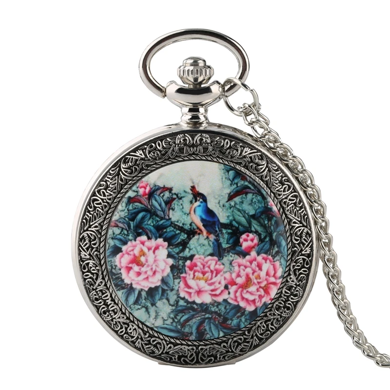 

Top Luxury Silver Quartz Pocket Watch Vivid Bird On the Tree with Exquisite Flowers patterns Necklace Pendant Gifts Chain Watch