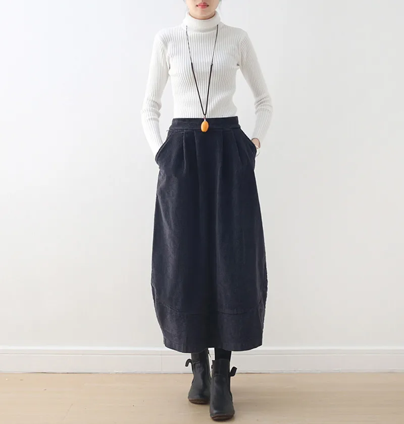 Dark blue Осень зима уличная Вельветовая юбка женская с высокой талией длинная юбка-фонарик размера плюс Harajuku миди юбка куртка женская - Цвет: Dark blue