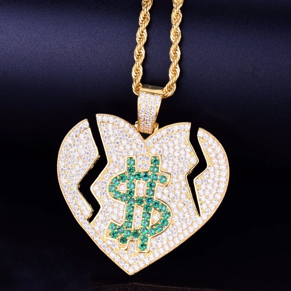 Iced Out Broken Heart Dollar Symbol Love Pendant Necklace With Tennis Chain AAA Cubic Zircon Men's Women Hip hop Rock Jewelry