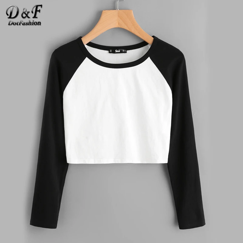 Dotfashion, двухцветная укороченная футболка с рукавом реглан,, черно-белый топ с круглым вырезом, осенняя простая футболка с длинным рукавом