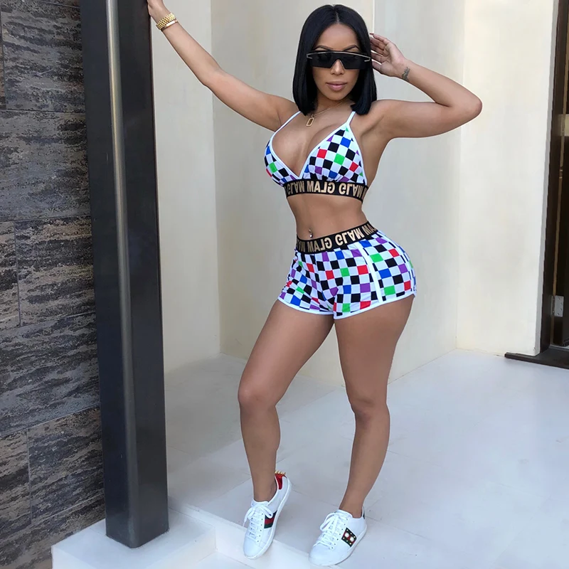 Женский клетчатый Топ шорты с надписью пляжный костюм из 2 предметов| |