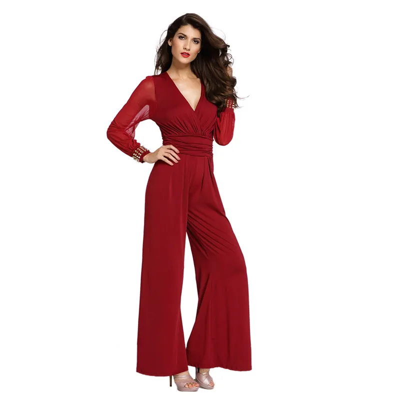 Женская мода Комбинезон с Длинными рукавами V воротник кружева шить Сиамские