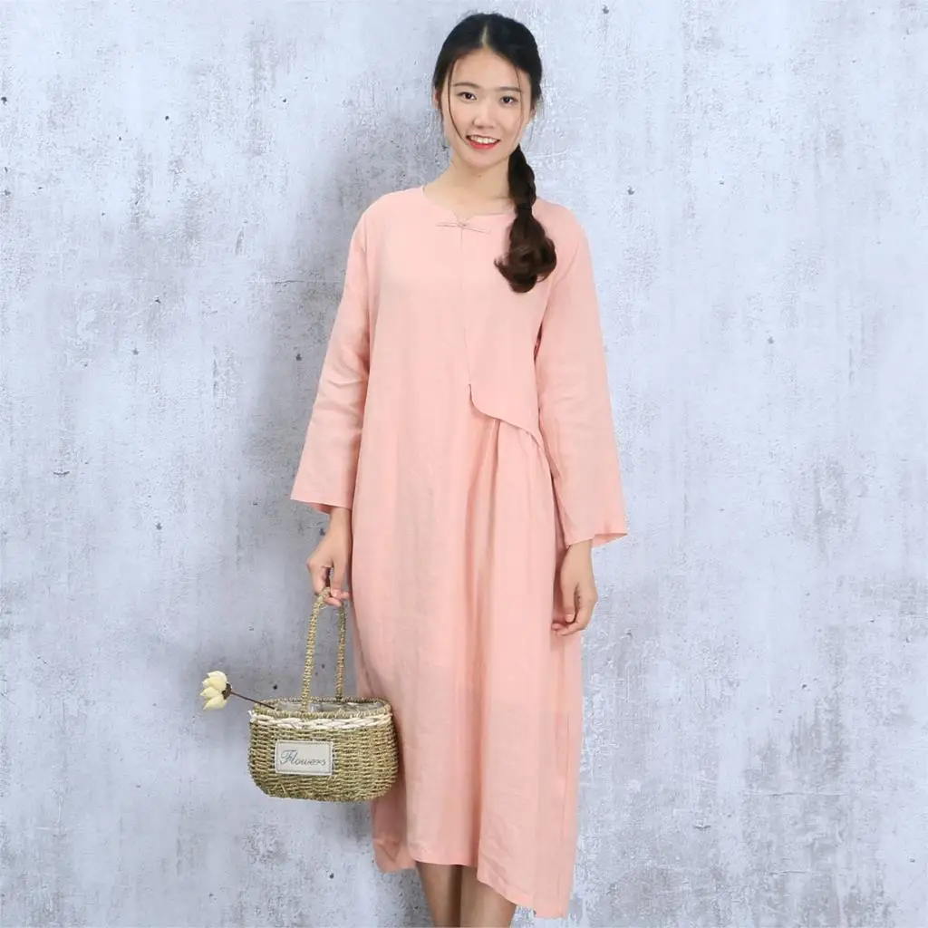 Johnature Women Maxi Dress Vintage 2019 Autumn New Casual Linen Nine Sleeve Button Patchwork Loose Clothes O-Neck Dresses | Женская