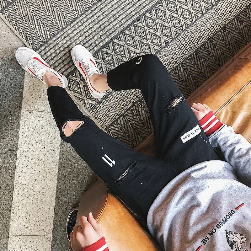 Летние Для Мужчин's Джинсы для женщин отверстия 9 десятых Брюки девочек ssmall ноги