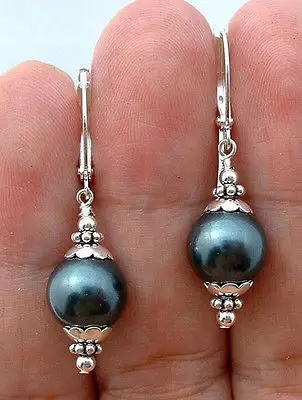 

10pc 12mm Tahitian Black Peacock Sea Shell Pearl Sterling Silver Leverback Earrings