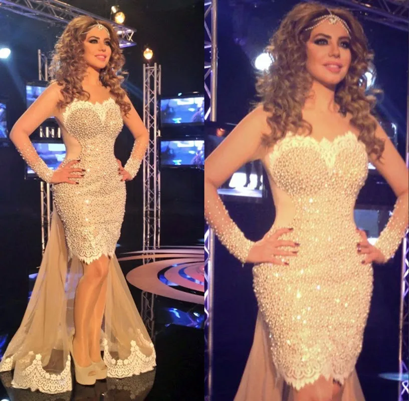 Вечернее платье из тюля с длинным рукавом украшенное жемчугом на заказ | Свадьбы